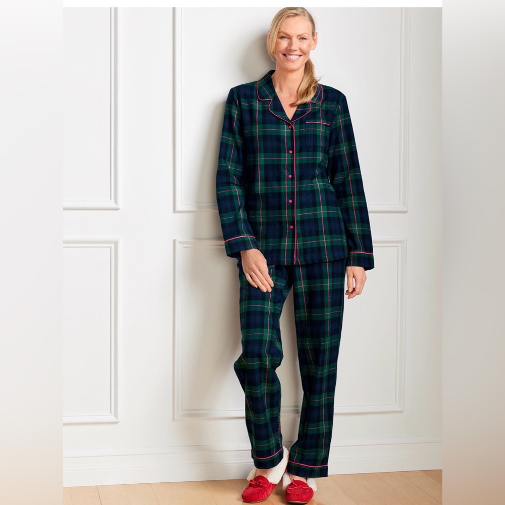 Talbots 1X 100% Cotton Flannel 2 Piece Pajama Set Black Watch Plaid Green Soft